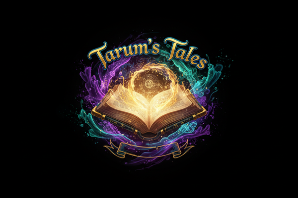 Tarum's Tales logo with magical tome and power